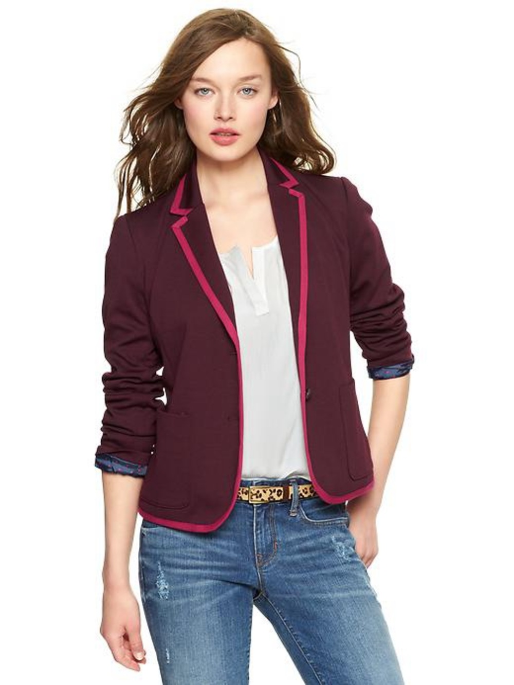 GAP The Academy Ponte Blazer in Vamp Red wFuchsia Trim & 2Buttons 2Pockets+Lined